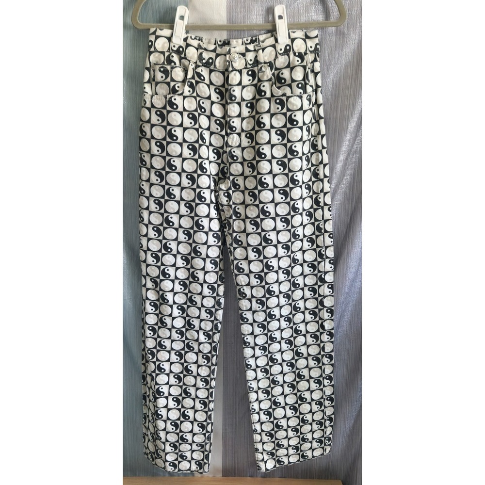 Pull&Bear Y2K Yin Yang Checkerboard Straight Leg High Rise Jeans Size 4 Op-Art